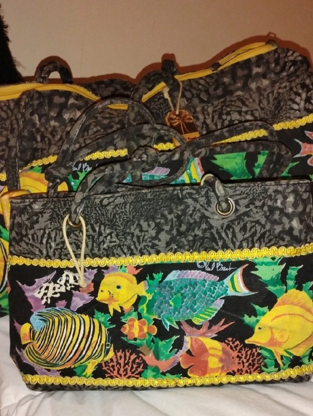 Colorful Fish-Print Tote Bags in Black & Yellow - Paul Brent